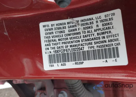 2020 Honda Civic Lx из США, поврежденный, VIN 19XFC2F67LE022047